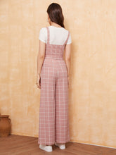 Load image into Gallery viewer, Notch Neck Self Belted Wide Leg Grid Jumpsuit