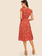 Load image into Gallery viewer, 60s Botanical Print Ruffle Trim Surplice Dress