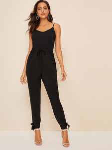 Solid Drawstring Waist Knot Hem Cami Jumpsuit