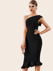 Adyce Zip Back One Shoulder Fishtail Hem Bodycon Dress