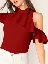 Load image into Gallery viewer, Tie Neck Cold Shoulder Ruffle Trim Top