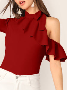 Tie Neck Cold Shoulder Ruffle Trim Top