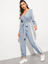 Load image into Gallery viewer, Surplice Neck Self Belted Colorblock Jumpsuit