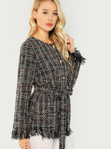 Raw Hem Belted Tweed Coat