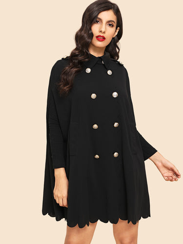 Double Breasted Scallop Trim Collar Coat