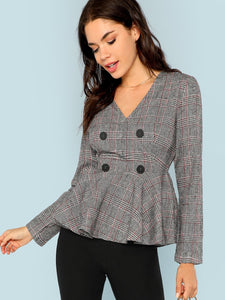 Double Button V-Neck Plaid Blazer