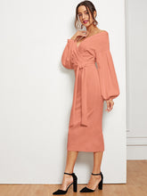 Load image into Gallery viewer, Blouson Sleeve Slit Hem Surplice Bardot Dress