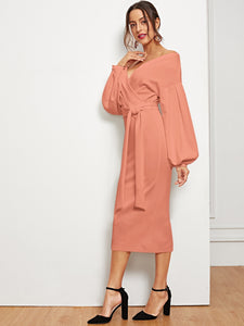 Blouson Sleeve Slit Hem Surplice Bardot Dress