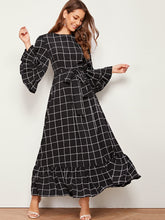 Load image into Gallery viewer, Bell Sleeve Flounce Hem Grid Dress With Belt