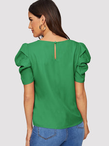 Button Keyhole Back Puff Sleeve Top