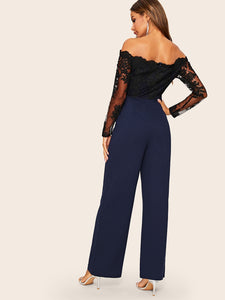 Embroidered Mesh Bodice Wide Leg Bardot Jumpsuit