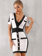 Load image into Gallery viewer, Adyce Button Detail Two Tone Bodycon Dress