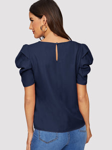 Button Keyhole Back Puff Sleeve Top