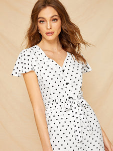 Button Polka Dot Self Tie Jumpsuit